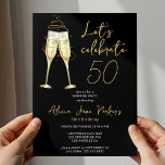 Modern black gold 50th birthday party  inbjudningar<br><div class="desc">Elegant faux gold trendy handwriting script let's celebrate 50 years black birthday party invitation with champagne flutes.</div>