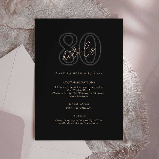 Modern Black Gold 80-årsfirande Festdetaljer Kort (Modern Black Gold 80th Birthday Party Details Card)
