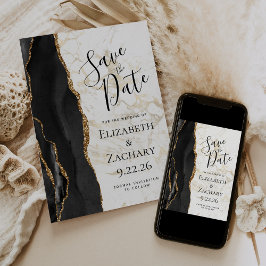 Modern Black Gold Agate Marble Save the Date Spara Datumet