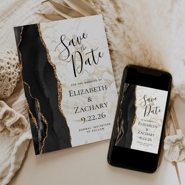Modern Black Gold Agate Marble Save the Date Spara Datumet (Skapare uppladdad)