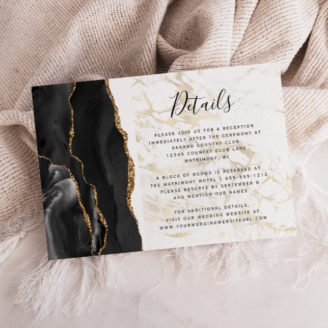 Modern Black Gold Agate Marble Wedding Details Tilläggskort (Skapare uppladdad)