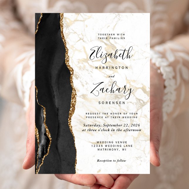 Modern Black Gold Agate Marble Wedding Inbjudningar (Skapare uppladdad)