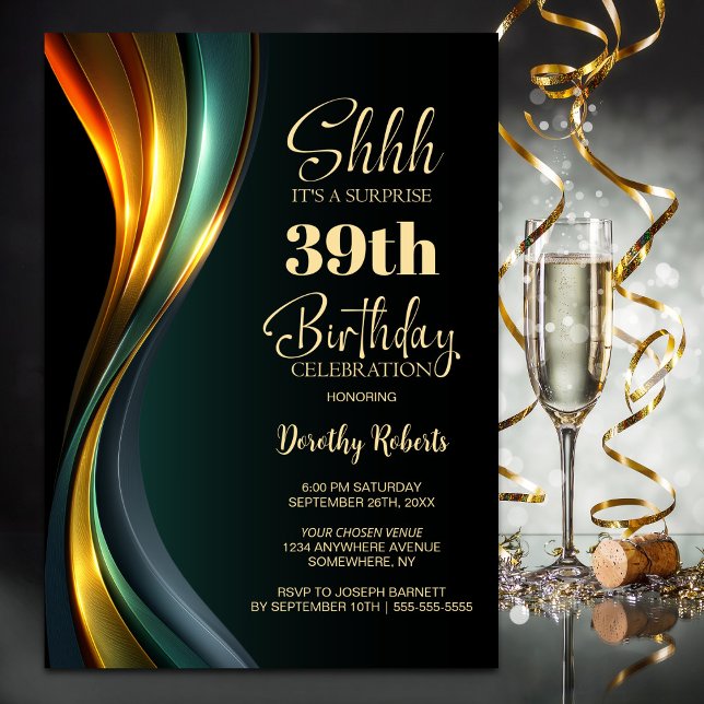 Modern Black Gold Any Age Surprise Birthday Party Inbjudningar (Skapare uppladdad)