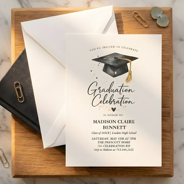 Modern Black & Gold Calligraphy Graduation Party  Inbjudningar (Skapare uppladdad)