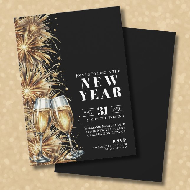Modern Black Gold Champagne Nyårsfest Inbjudningar (Modern Black Gold Champagne New Year's Eve Party Invitation)