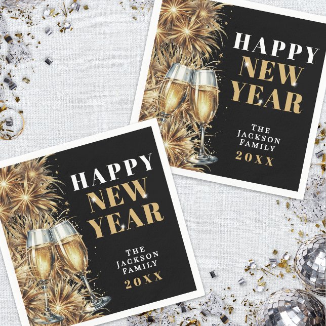 Modern Black Gold Champagne Nyårsfest Pappersservett (Modern Black Gold Champagne New Year's Eve Party Napkins)