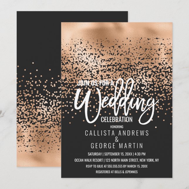 Modern Black Gold Foil Confetti Ombre Bröllop Inbjudningar (Fram/baksida)