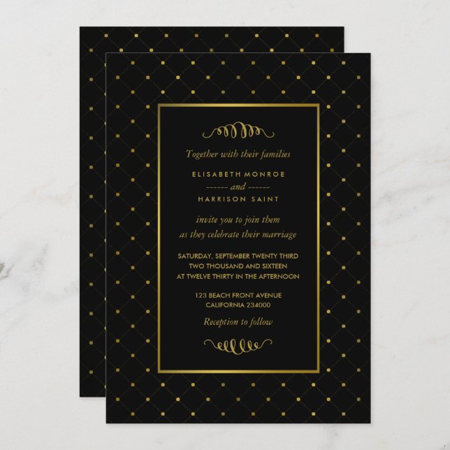 Modern Black & Gold Foil Effect Bröllop Inbjudningar (Fram/baksida)