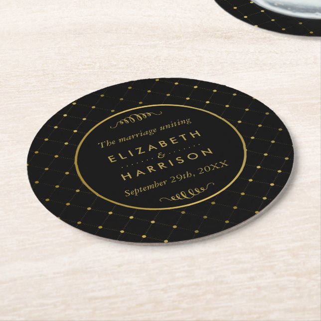 Modern Black & Gold Foil Effect Bröllop Underlägg Papper Rund (Vinklad)