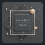 Modern Black & Gold Geometric Frame Wedding Fyrkantigt Klistermärke<br><div class="desc">Elevate your wedding stationery with this sleek and sophisticated black and gold sticker featuring modern geometric layering and shimmering spherical accents. A striking interplay of deep black tones, metallic gold orbs, and sharp, overlapping diamond frames creates a clean, structured look that embodies luxury and elegance. Perfect for weddings with a...</div>