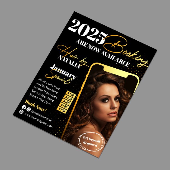 Modern Black Gold Hår Salon 2025 Bokning Flygblad (Skapare uppladdad)