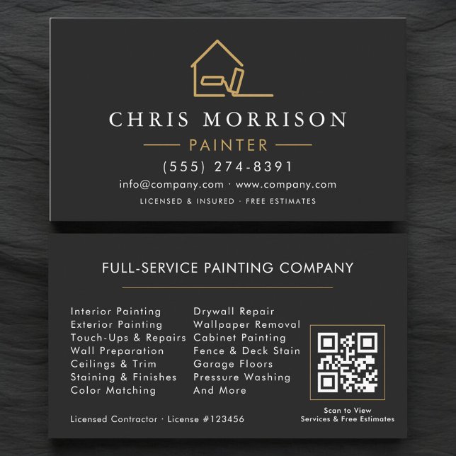 Modern Black Gold House Painter QR Code Visitkort (Skapare uppladdad)