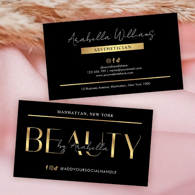 Modern Black & Gold Lash Beauty Salon Aesthetician Visitkort (Black and gold modern beauty salon business cards with faux gold foil effects and modern layout)