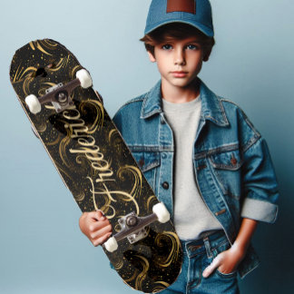 Modern Black Gold Leafy Swirls Decorative Art Name Mini Skateboard Bräda 18,5 Cm