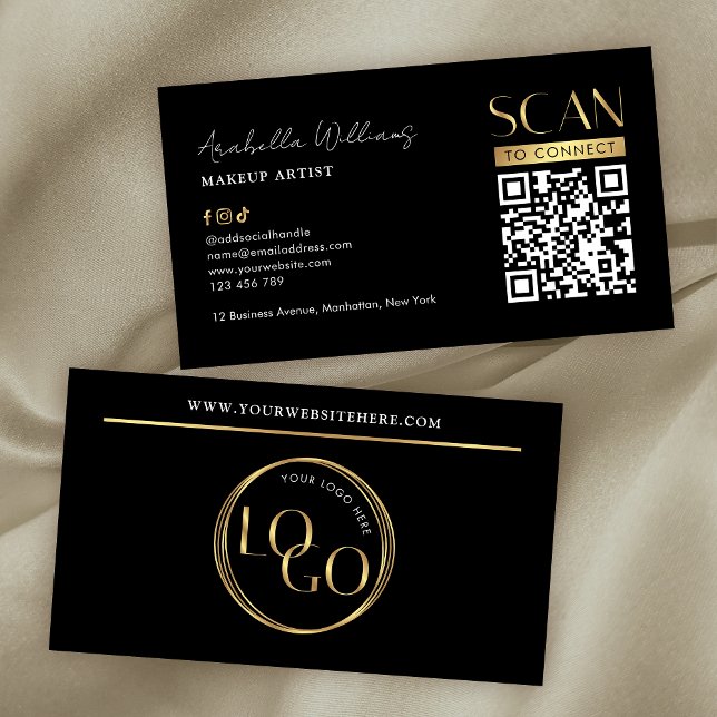 Modern Black Gold Logo Makeup Beauty Salon QR Code Visitkort (Black and gold modern QR code business cards with faux gold foil effects and modern layout)