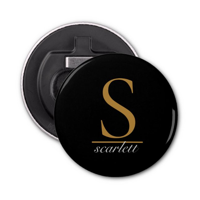 Modern Black Gold Monogram Elegant Feminine Script Flasköppnare (Framsidan)