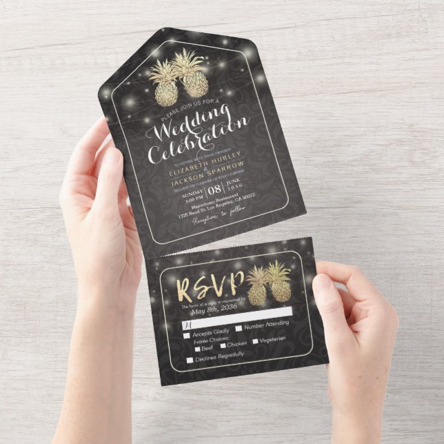 Modern Black & Gold Pineapples Couple Wedding RSVP (Avrivbar del)