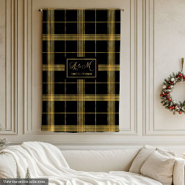 Modern Black Gold Plaid Custom Name Blanket Fleecefilt