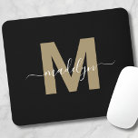 Modern Black Gold Script Name Initial Monogram Musmatta<br><div class="desc">Personalized Elegant Modern Black Gold Script Initial Name Monogram Mouse Pad. Add a touch of sophistication to your workspace with this chic mouse pad. It features a flat gold-colored initial (without shimmer or foil) centered on a sleek black background. The refined design combines elegance with practicality, making it a perfect...</div>