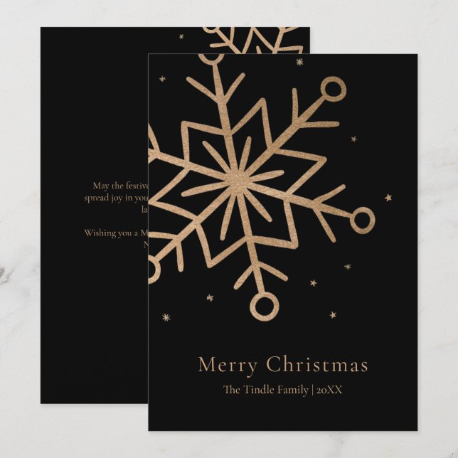 Modern Black Gold Snow Flake Script Christmas    Julkort (Fram/baksida)