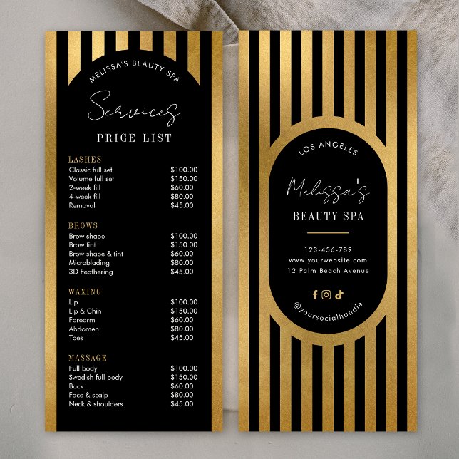 Modern Black & Gold Stripes Salon Price List Menu Reklamkort (Skapare uppladdad)