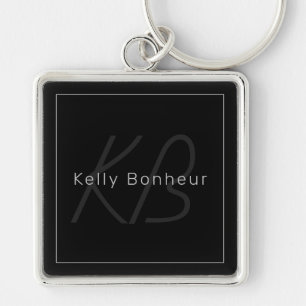 Modern Black & Grått Coola Namn och Monogram Fyrkantig Silverfärgad Nyckelring