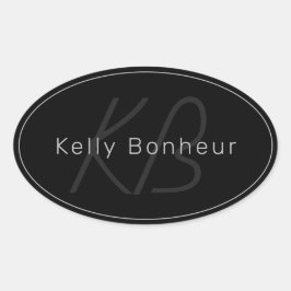 Modern Black & Grått | Coola Namn och Monogram Ovalt Klistermärke