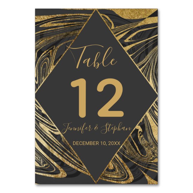 Modern Black Grått Guld Marble Swirl Bordsnummer (Framsidan)