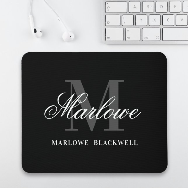 Modern Black Grått Monogram Script Musmatta (Skapare uppladdad)
