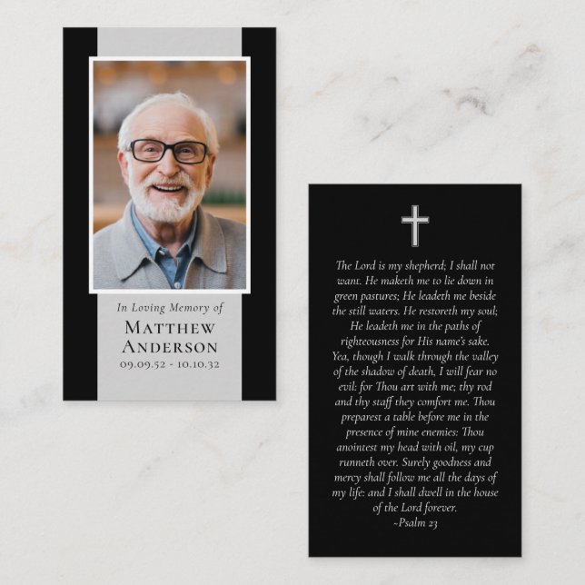 Modern Black Grått Photo Memorial Prayer Card (Fram/baksida)