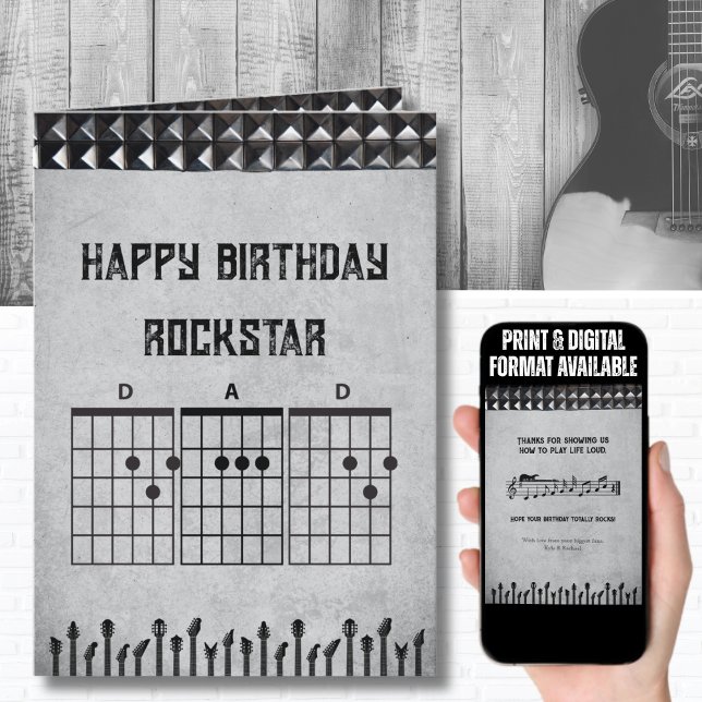 Modern Black Grått Rockstar Pappa Grattis på födel Kort (Unique Black/Gray guitar chord birthday card for the musician or heavy metal fan)