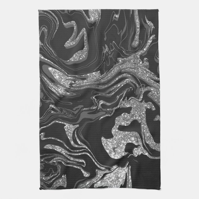 Modern Black Grått Silver Glitter Marble Kökshandduk (Vertikal)