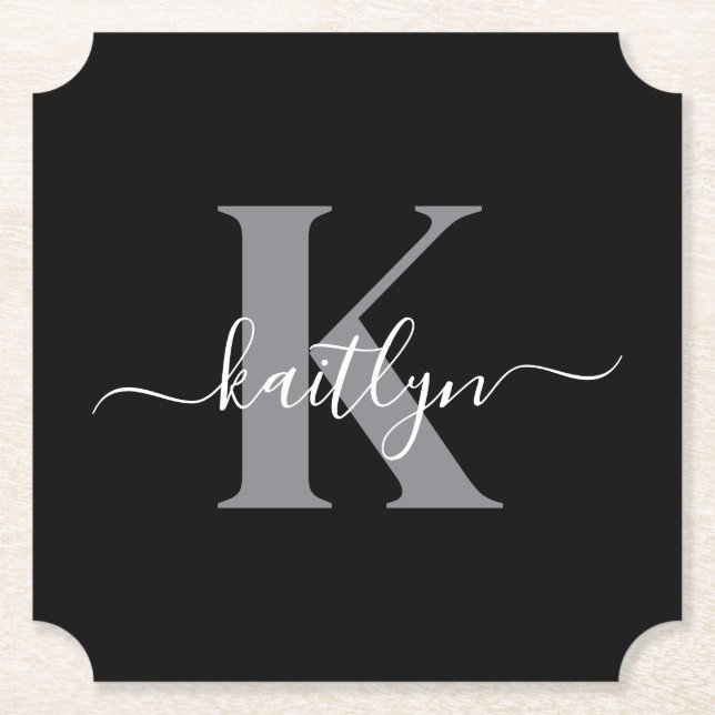 Modern Black Grått-skriptmonogram Underlägg Papper (Framsida)