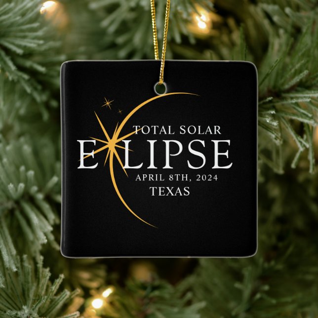 Modern Black & Guld 2024 Texas Total Solar Eclipse Julgransprydnad Keramik (Träd)