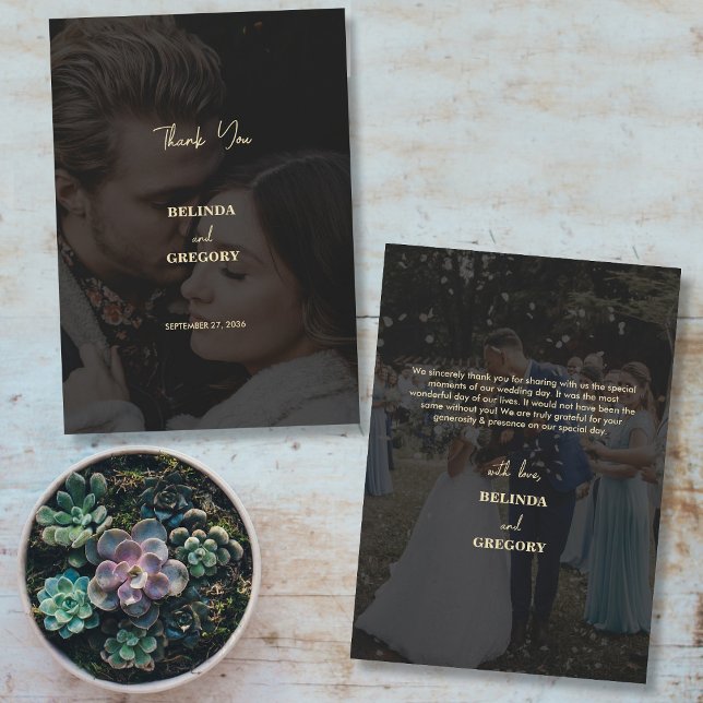 Modern Black Guld 2-fotoöverlägg Bröllop Tack Kort (Modern Black Gold 2 Photo Overlay Wedding Thank You Card)
