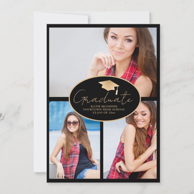 Modern Black Guld 3-Photo Studenten Meddelande (Framsida)