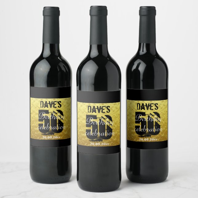 Modern Black Guld 50:e Födelsedagsfesten Flaska Vinflaska Etikett (Flaskor)