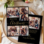 Modern Black Guld 5 Photo Collage-jul Julkort<br><div class="desc">Modern Elegant Calligraphy Simple Black and Guld 5 Photo Collage God jul Script Helgdag Card. Den här sjutna, minimalistiska, fem (5) fotokortsmallen innehåller ett söt-rutnätsfotokollage och texten "God jul" hälsning, som är skriven i ett vackert handskript som snabbt Julhälsningar svan i guld på svart färg-bakgrund. På motsatt sida med din...</div>