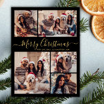 Modern Black Guld 5 Photo Collage-julkort<br><div class="desc">Elegant Modern Calligraphy Black och Guld 5 Photo Collage God jul Script Helgdag Card. Den här snygga, enkla, minimalistiska, fem (5) fotokortmallen Julhälsningar ett söt-rutnätsfotokollage och säger "God jul"! Texten "God jul" hälsning är skriven i en vit söt hand som snabbt byts ut mot svan i guld på svart färg-bakgrund....</div>