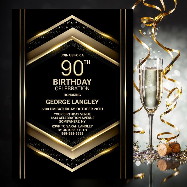 Modern Black Guld 90:e Födelsedagsfest Inbjudningar (Skapare uppladdad)