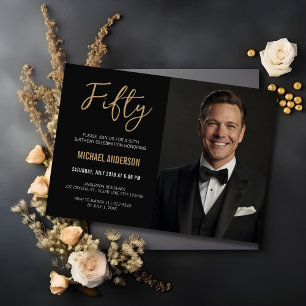 Modern Black Guld Agate 50:e födelsedagsfoto Inbjudningar