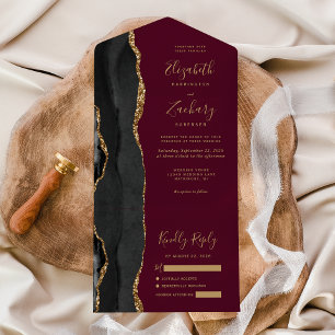 Modern Black Guld Agate Burgundy Bröllop