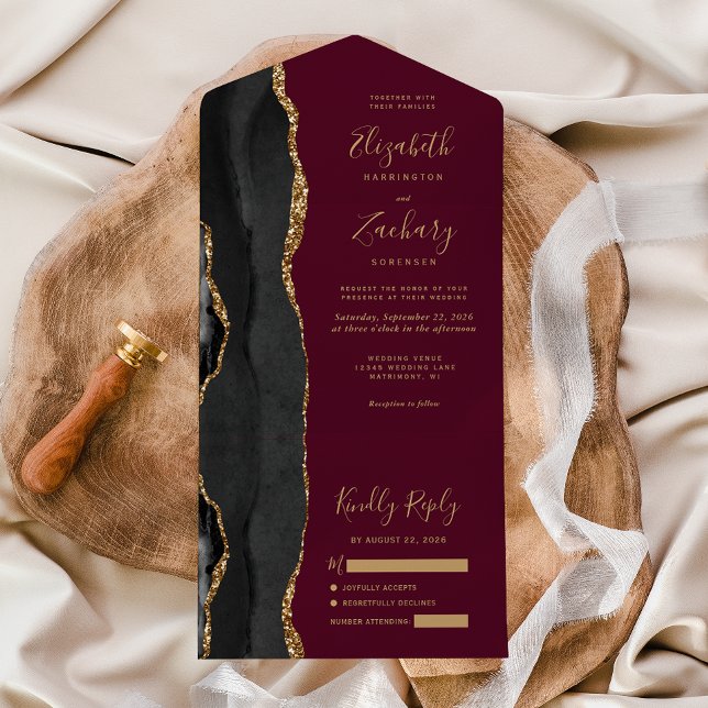 Modern Black Guld Agate Burgundy Bröllop (Skapare uppladdad)