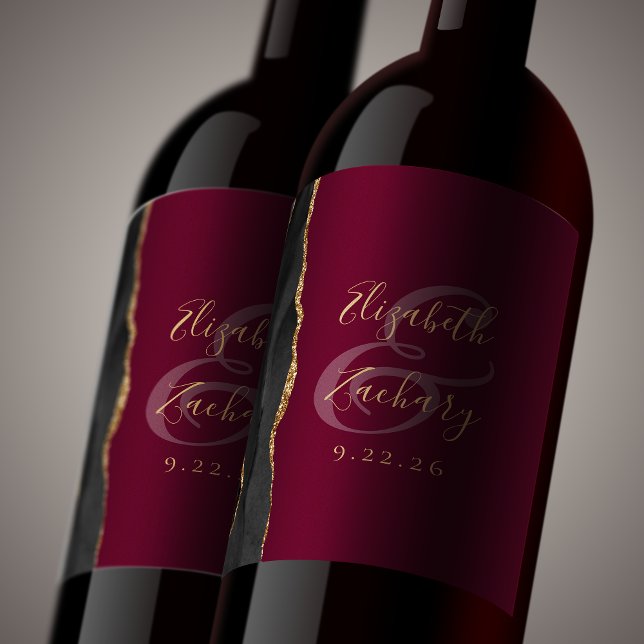 Modern Black Guld Agate Burgundy Bröllop Vinflaska Etikett (Skapare uppladdad)