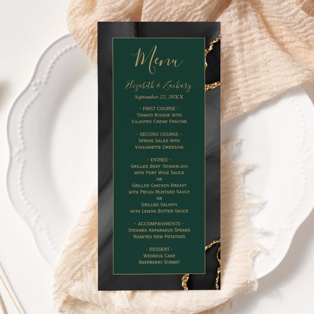 Modern Black Guld Agate Emerald Grönt Bröllop Meny (Skapare uppladdad)