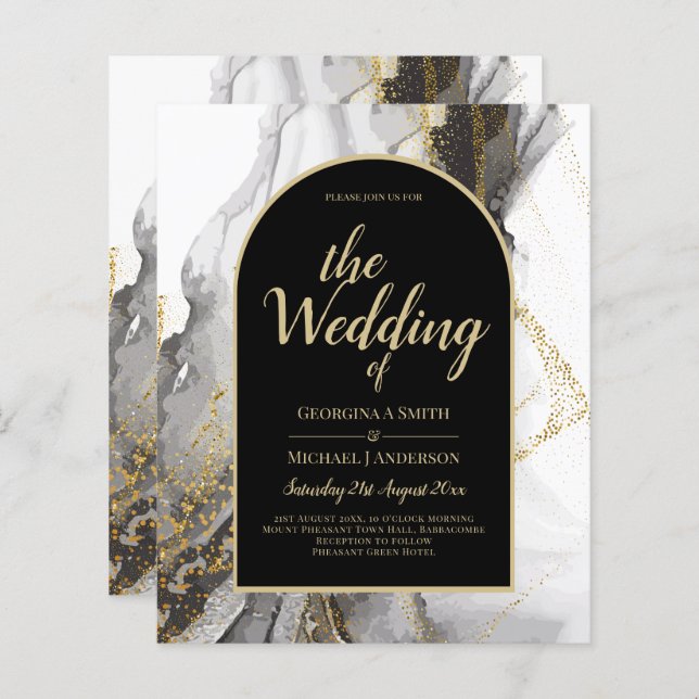 Modern Black Guld Agate Marble Glitter Bröllop (Fram/baksida)