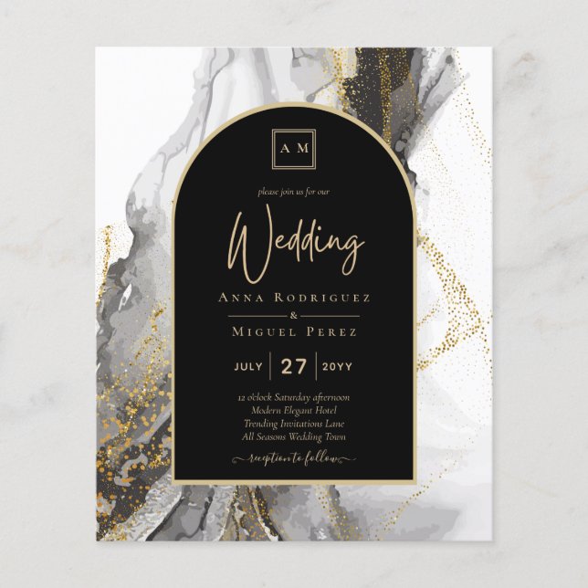 Modern Black Guld Agate Marble Glitter Bröllop (Framsida)