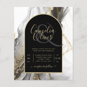 Modern Black Guld Agate Marble Glitter Bröllop Flygblad