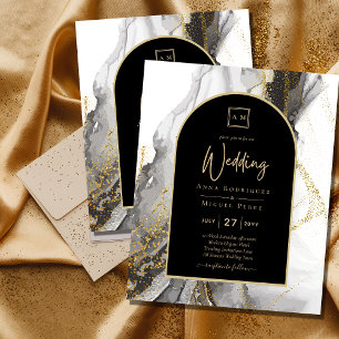 Modern Black Guld Agate Marble Glitter Bröllop Flygblad