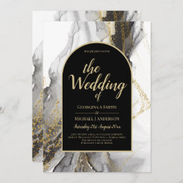 Modern Black Guld Agate Marble Glitter Bröllop Inbjudningar